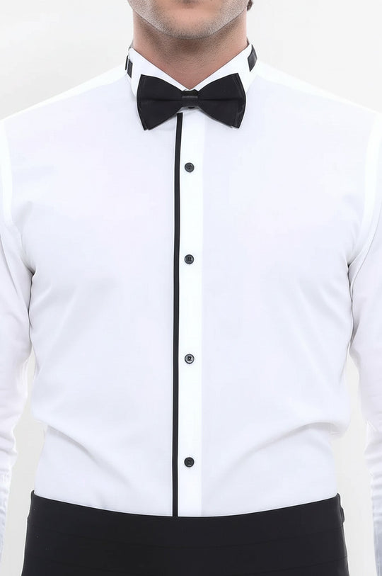 Men's Cream Slim Fit Tuxedo Shirt with Black Piping | Wessi
