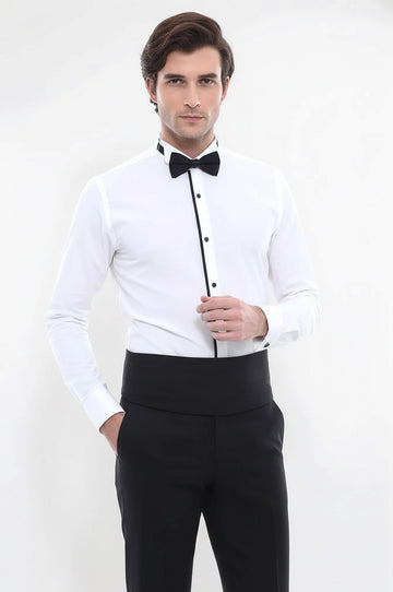 Men's Cream Slim Fit Tuxedo Shirt with Black Piping | Wessi