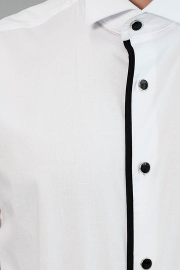 Men's White Slim Fit Tuxedo Shirt with Black Stripe Detail | Wessi