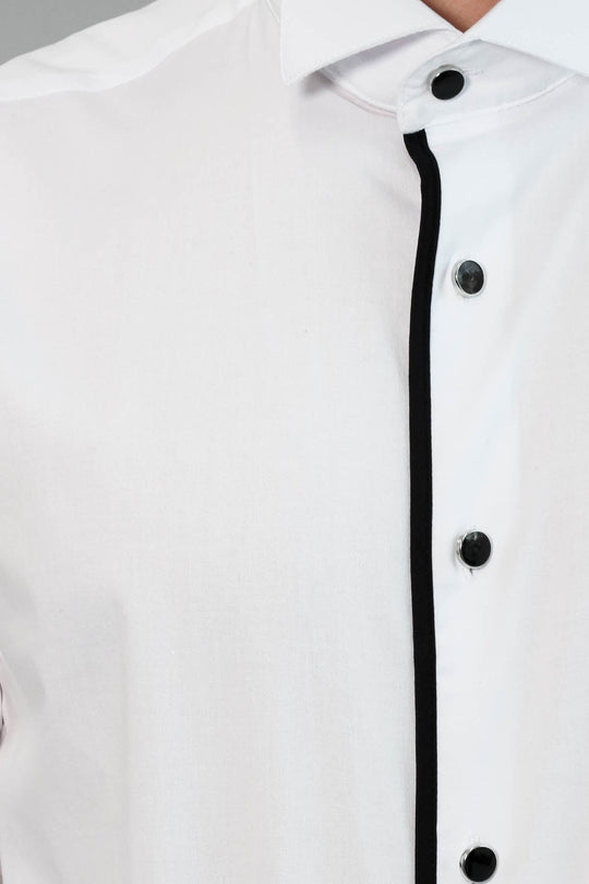 Men's White Slim Fit Tuxedo Shirt with Black Stripe Detail | Wessi
