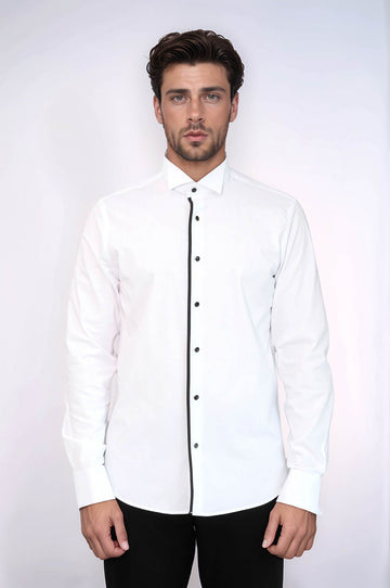 Men's White Slim Fit Tuxedo Shirt with Black Stripe Detail | Wessi