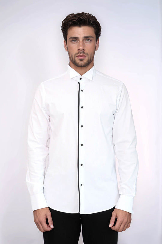Men's White Slim Fit Tuxedo Shirt with Black Stripe Detail | Wessi