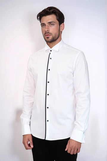 Men's White Slim Fit Tuxedo Shirt with Black Stripe Detail | Wessi