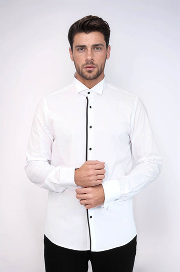 Men's White Slim Fit Tuxedo Shirt with Black Stripe Detail | Wessi