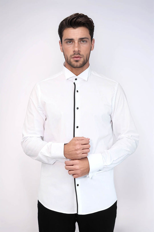 Men's White Slim Fit Tuxedo Shirt with Black Stripe Detail | Wessi