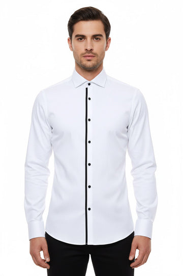 Men's White Slim Fit Tuxedo Shirt with Black Buttons | Wessi