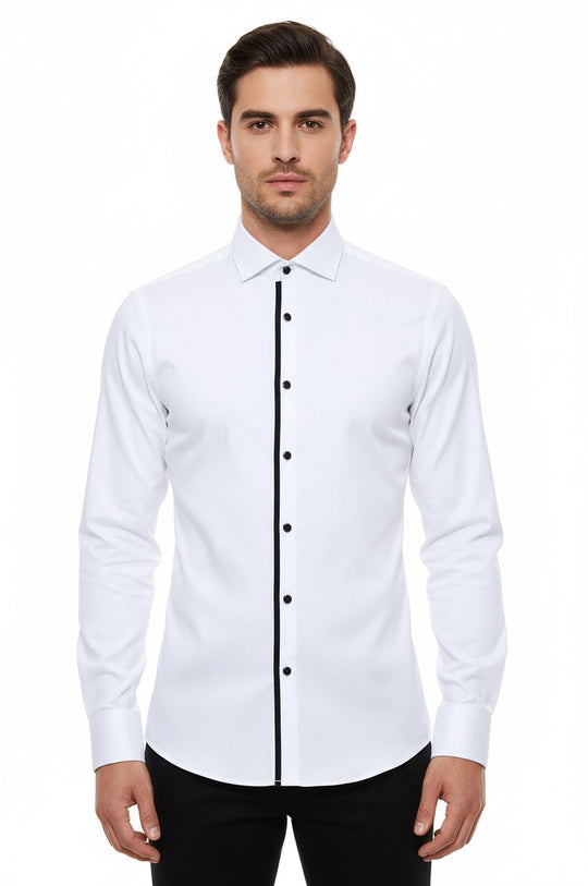 Men's White Slim Fit Tuxedo Shirt with Black Buttons | Wessi