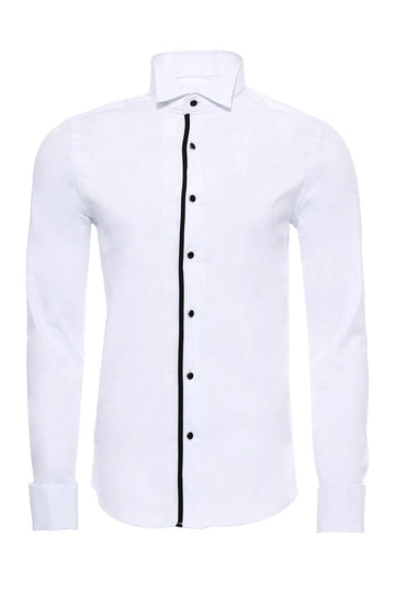 Men's White Slim Fit Tuxedo Shirt with Black Buttons | Wessi