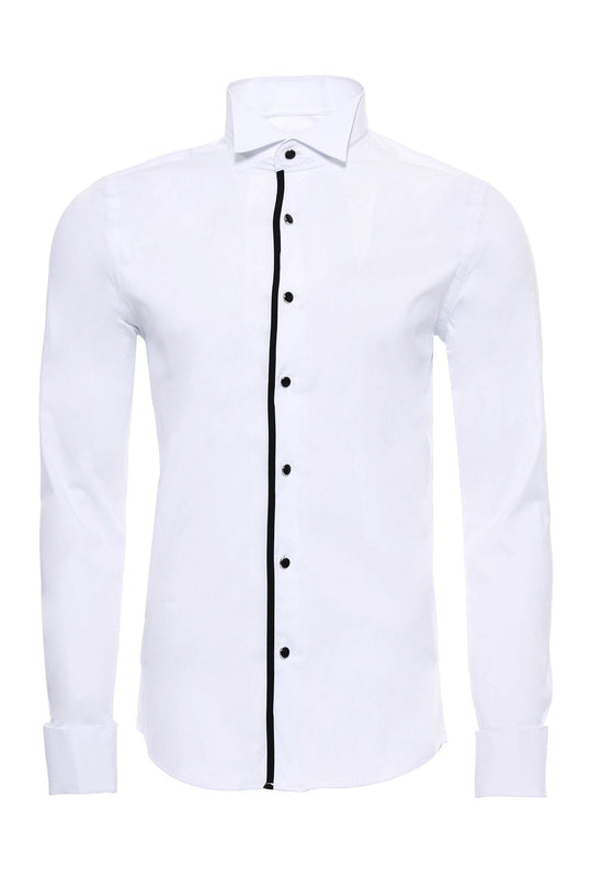 Men's White Slim Fit Tuxedo Shirt with Black Buttons | Wessi