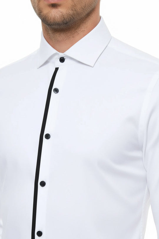 Men's White Slim Fit Tuxedo Shirt with Black Buttons | Wessi