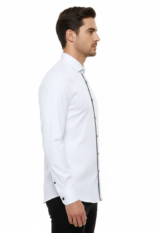 Men's White Slim Fit Tuxedo Shirt with Black Buttons | Wessi