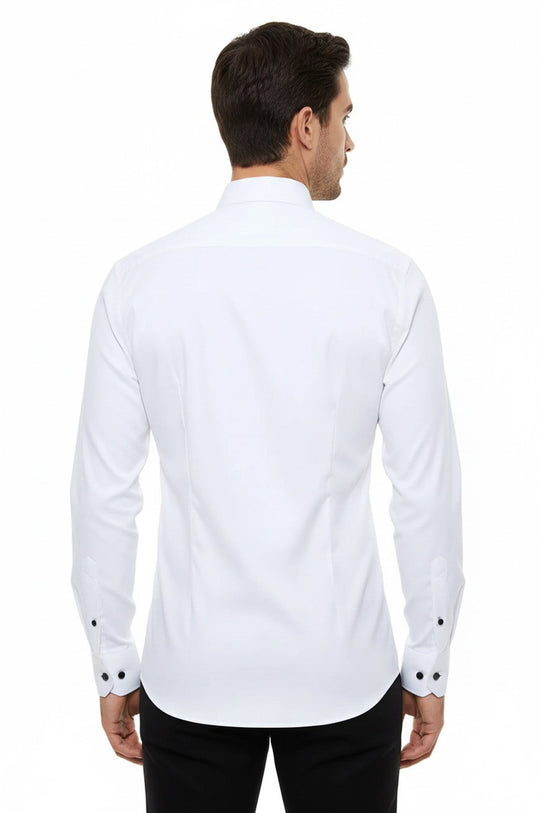 Men's White Slim Fit Tuxedo Shirt with Black Buttons | Wessi