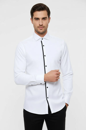 Men's White Slim Fit Tuxedo Shirt with Black Buttons | Wessi
