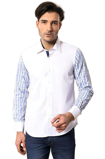 Men's Cream Slim Fit Shirt with Plaid Sleeve Detail | Wessi