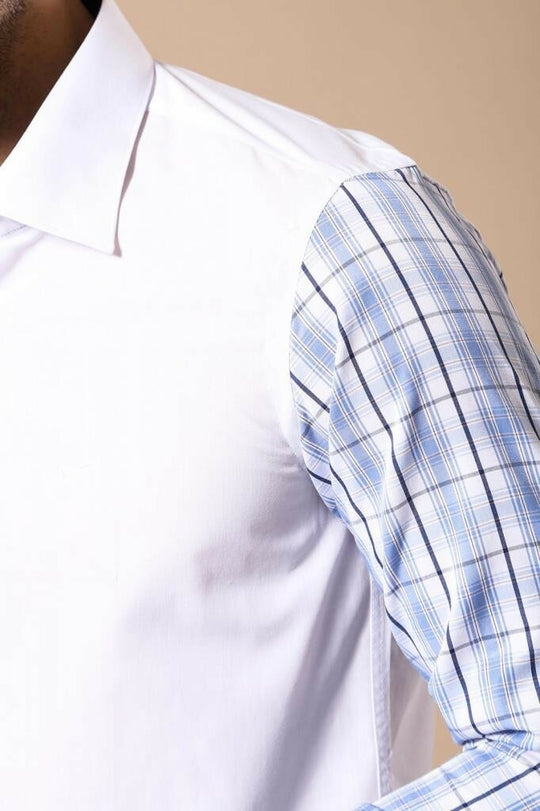 Men's Cream Slim Fit Shirt with Plaid Sleeve Detail | Wessi