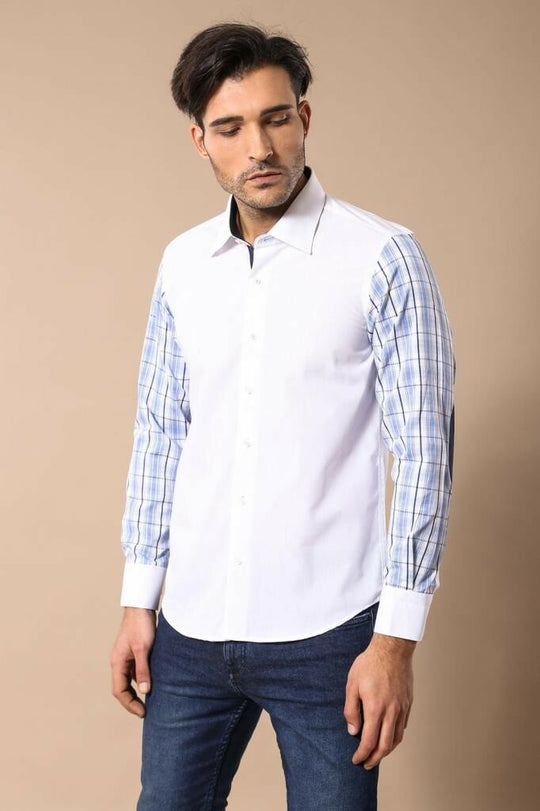 Men's Cream Slim Fit Shirt with Plaid Sleeve Detail | Wessi