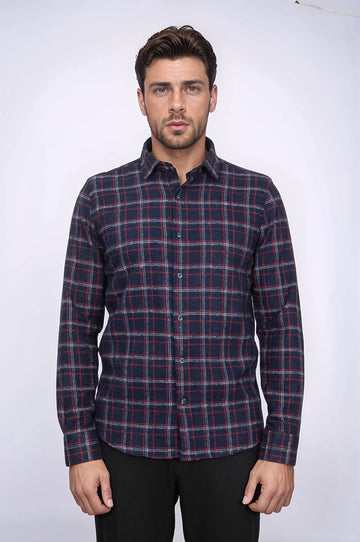 Men's Navy Blue Slim Fit Patterned Lumberjack Shirt | Wessi