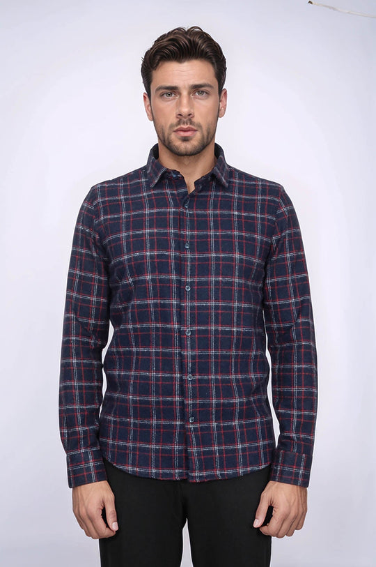 Men's Navy Blue Slim Fit Patterned Lumberjack Shirt | Wessi