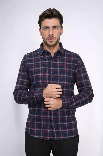 Men's Navy Blue Slim Fit Patterned Lumberjack Shirt | Wessi