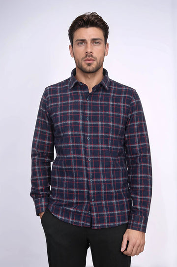 Men's Navy Blue Slim Fit Patterned Lumberjack Shirt | Wessi