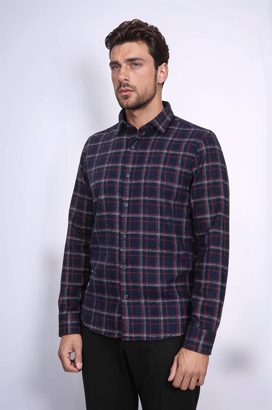 Men's Navy Blue Slim Fit Patterned Lumberjack Shirt | Wessi