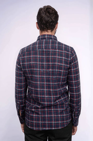 Men's Navy Blue Slim Fit Patterned Lumberjack Shirt | Wessi