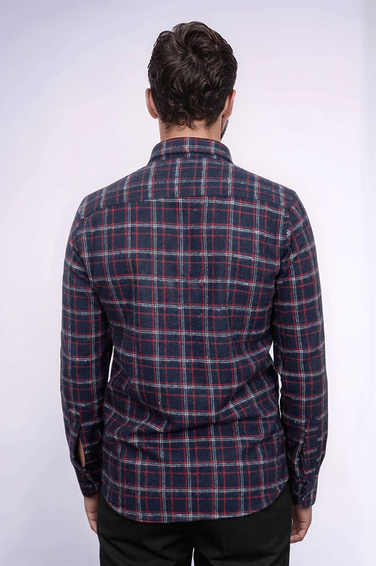 Men's Navy Blue Slim Fit Patterned Lumberjack Shirt | Wessi