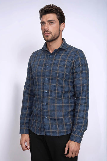 Men's Navy Blue Slim Fit Plaid Lumberjack Shirt | Wessi
