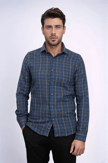 Men's Navy Blue Slim Fit Plaid Lumberjack Shirt | Wessi