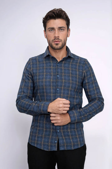 Men's Navy Blue Slim Fit Plaid Lumberjack Shirt | Wessi