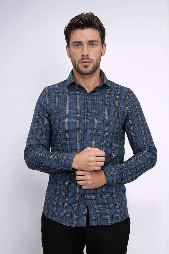 Men's Navy Blue Slim Fit Plaid Lumberjack Shirt | Wessi
