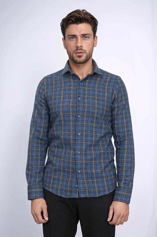 Men's Navy Blue Slim Fit Plaid Lumberjack Shirt | Wessi