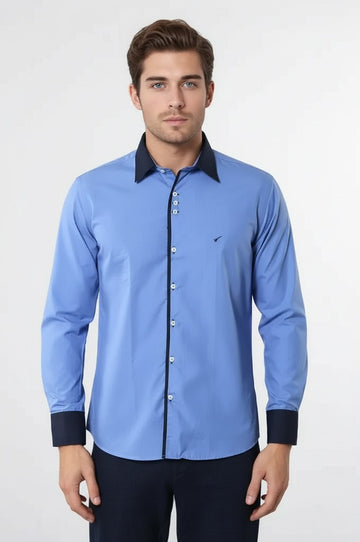 Blue Slim Fit Shirt with Navy Piping Detail | Wessi