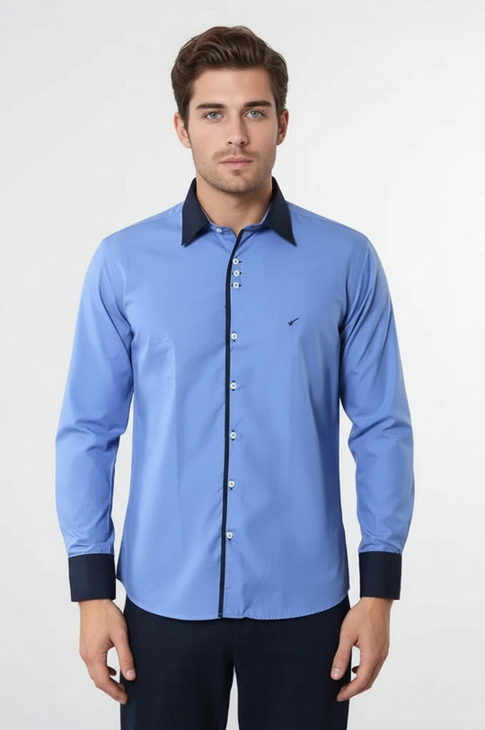Blue Slim Fit Shirt with Navy Piping Detail | Wessi