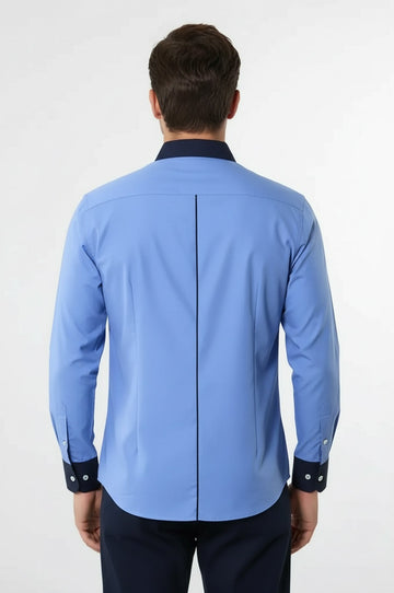 Blue Slim Fit Shirt with Navy Piping Detail | Wessi