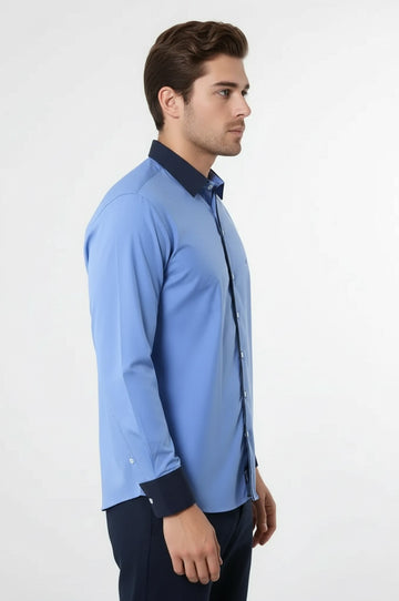 Blue Slim Fit Shirt with Navy Piping Detail | Wessi