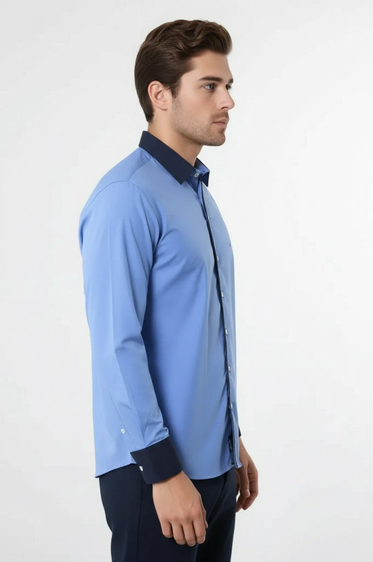 Blue Slim Fit Shirt with Navy Piping Detail | Wessi