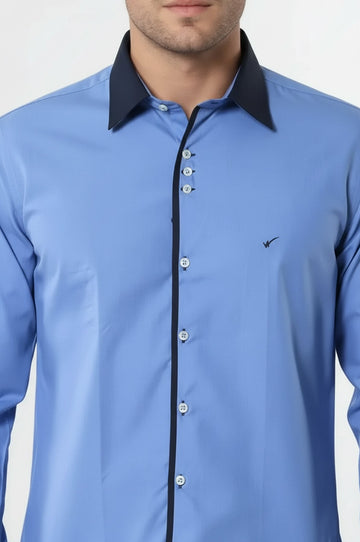 Blue Slim Fit Shirt with Navy Piping Detail | Wessi
