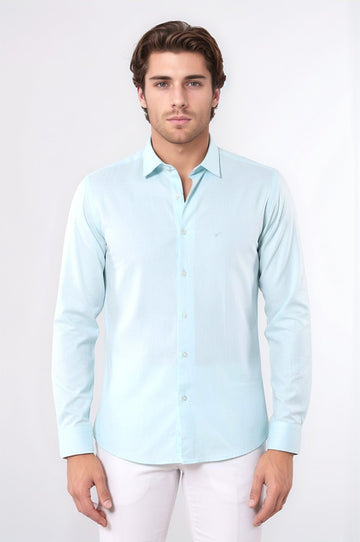 Men's Green Oxford Patterned Slim Fit Long Sleeve Shirt | Wessi