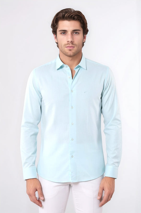 Men's Green Oxford Patterned Slim Fit Long Sleeve Shirt | Wessi