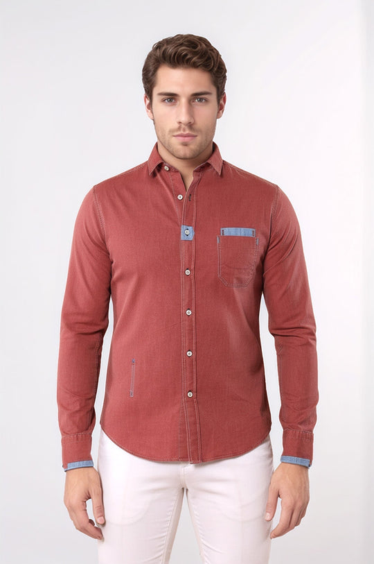 Men's Light Burgundy Patterned Slim Fit Long Sleeve Shirt | Wessi