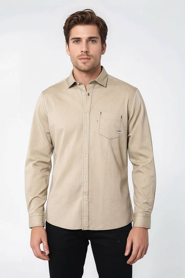 Men's Beige Slim Fit Patterned Long Sleeve Shirt | Wessi