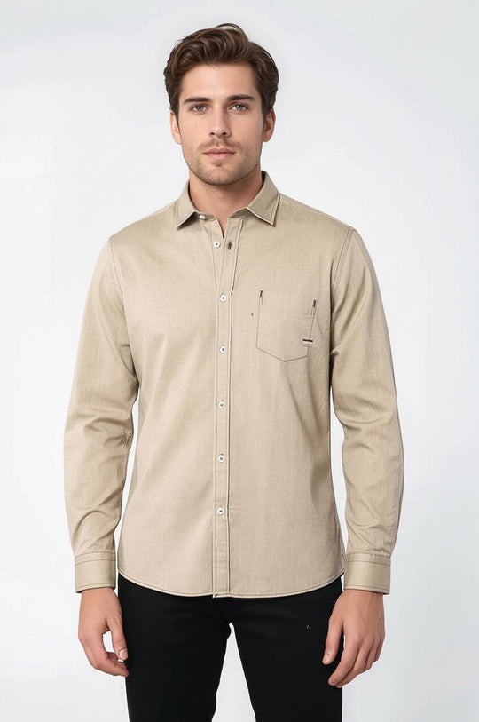 Men's Beige Slim Fit Patterned Long Sleeve Shirt | Wessi