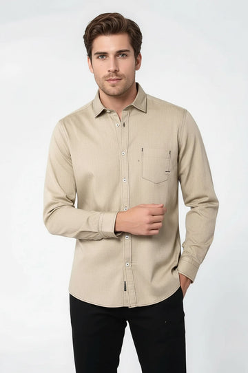 Men's Beige Slim Fit Patterned Long Sleeve Shirt | Wessi