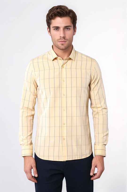 Men's Yellow Plaid Slim Fit Long Sleeve Shirt | Wessi