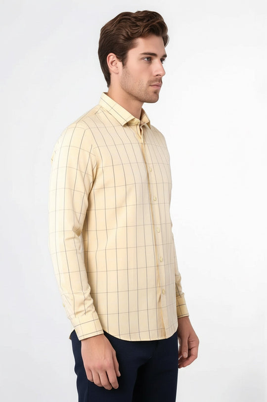 Men's Yellow Plaid Slim Fit Long Sleeve Shirt | Wessi