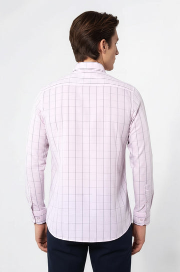 Men's Light Pink Plaid Slim Fit Long Sleeve Shirt | Wessi