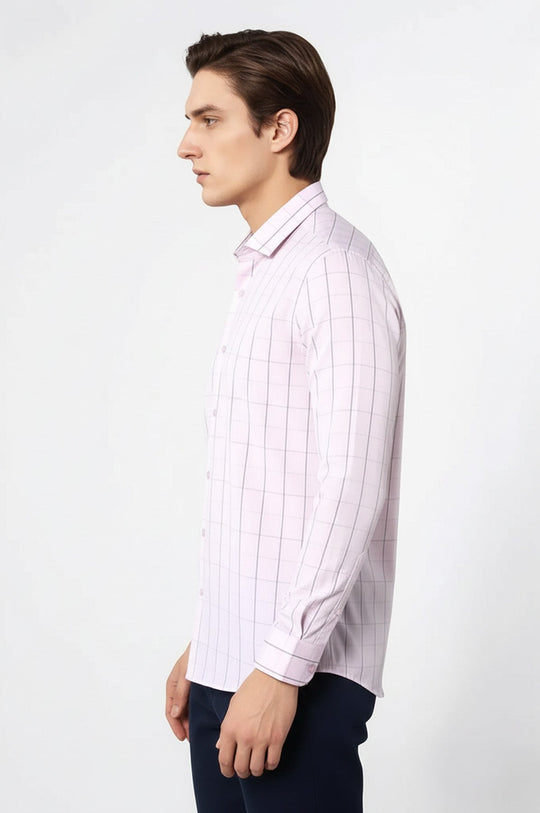 Men's Light Pink Plaid Slim Fit Long Sleeve Shirt | Wessi