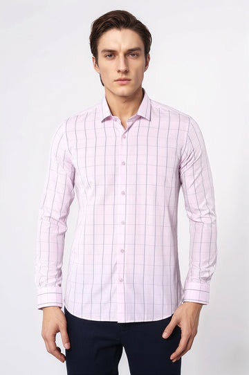 Men's Light Pink Plaid Slim Fit Long Sleeve Shirt | Wessi
