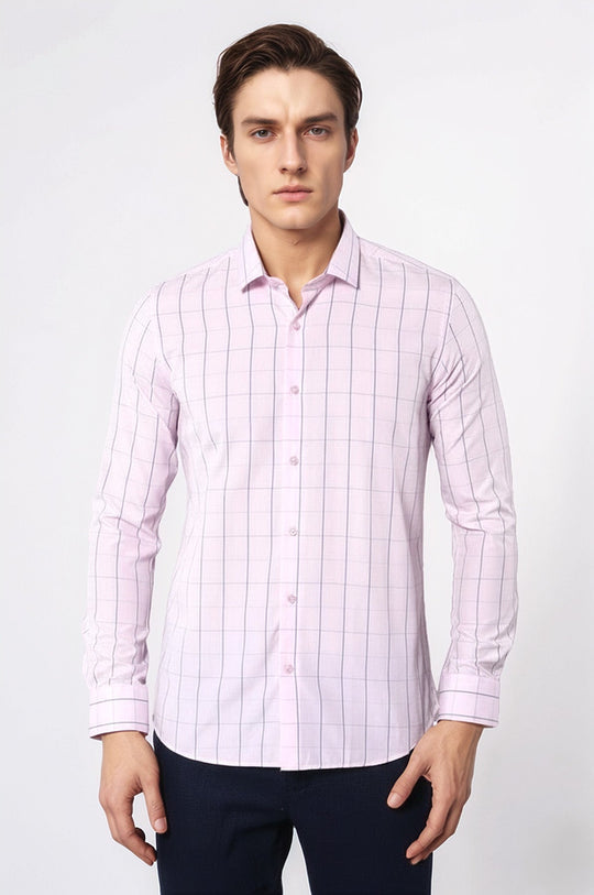 Men's Light Pink Plaid Slim Fit Long Sleeve Shirt | Wessi